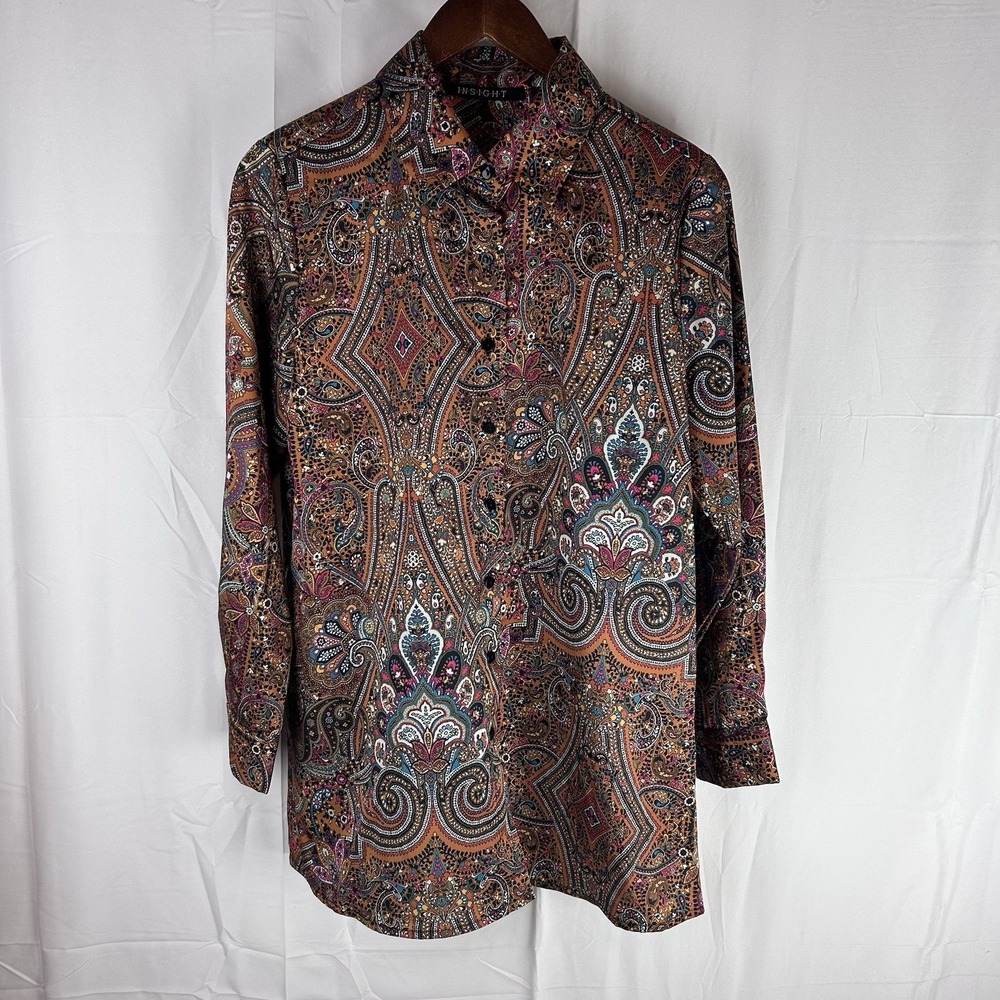 Insight Womens‎ Long Sleeve Floral Abstract Satin Button Up Shirt Medium
